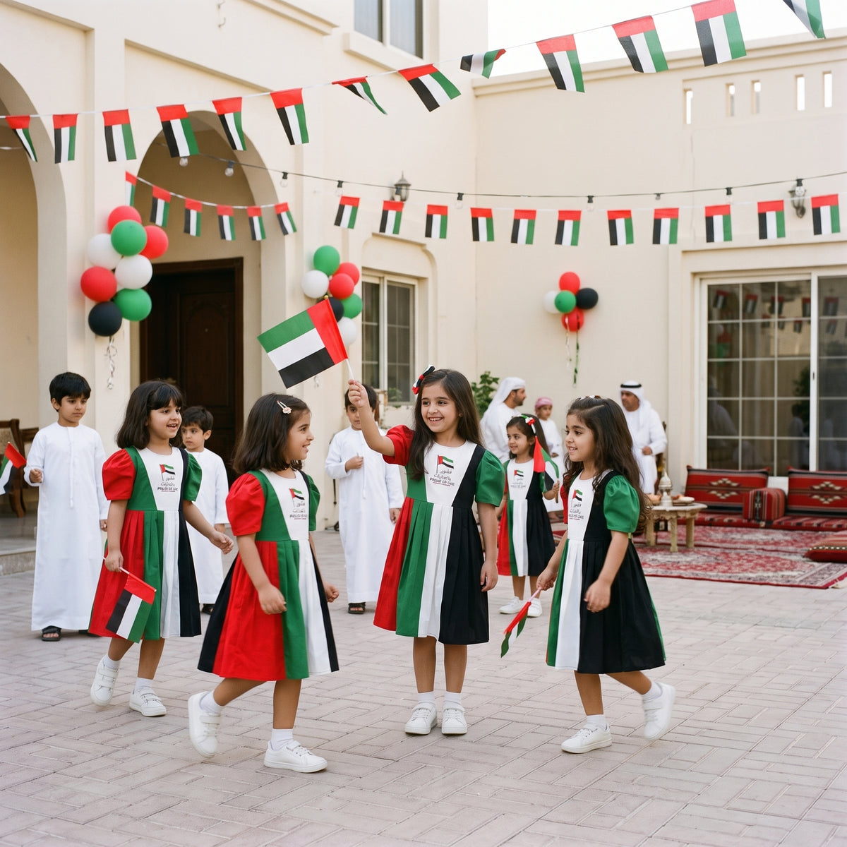 Girls UAE National Day Collared Dress 53001 with red collar in UAE flag colors, photo 2