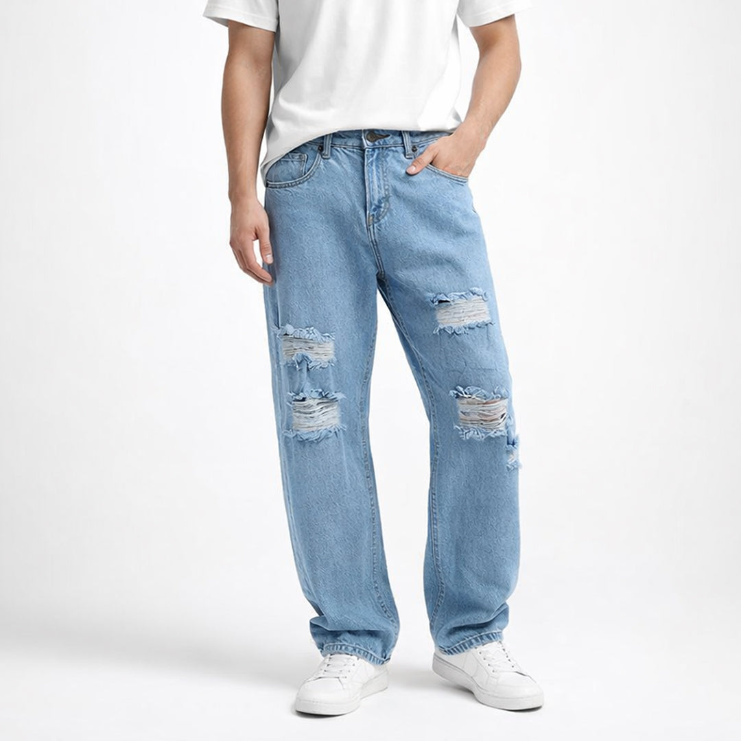 Men Baggy Fit Ripped Jean - Light Blue
