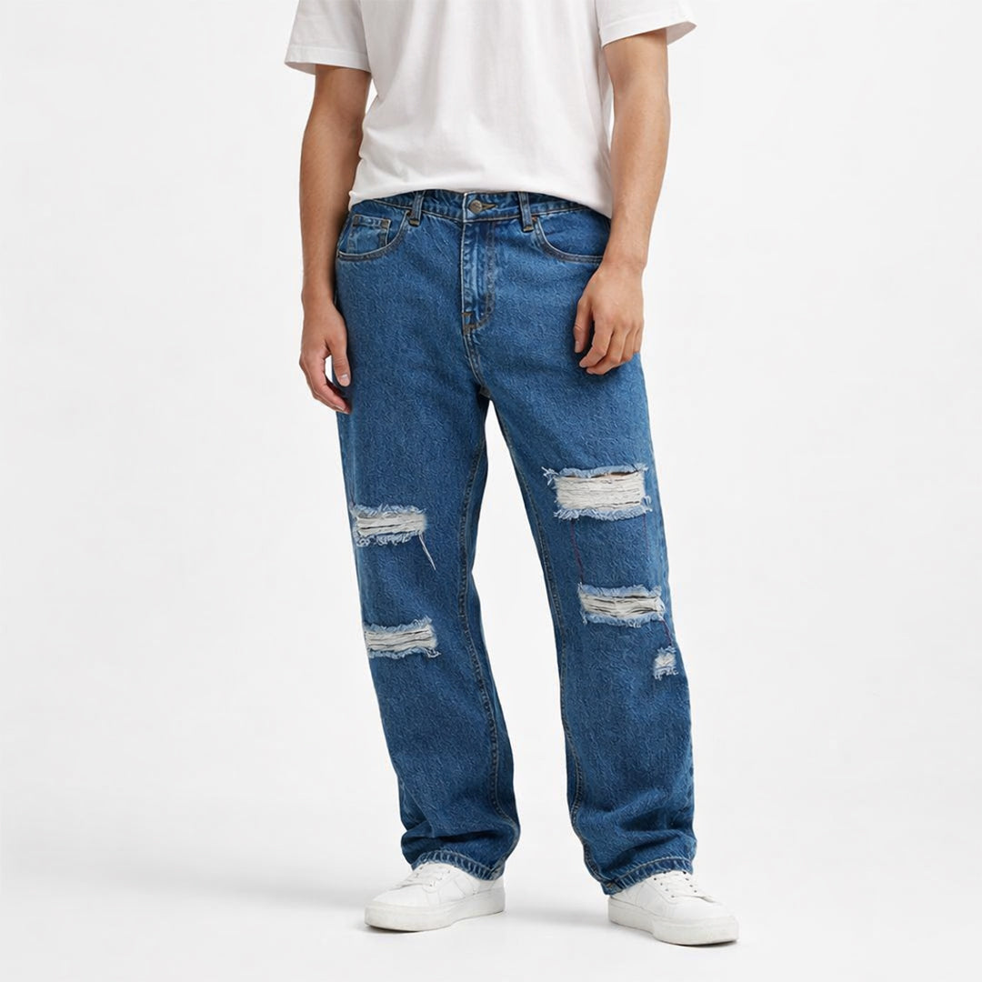 Men Baggy Fit Ripped Jean - Medium Blue