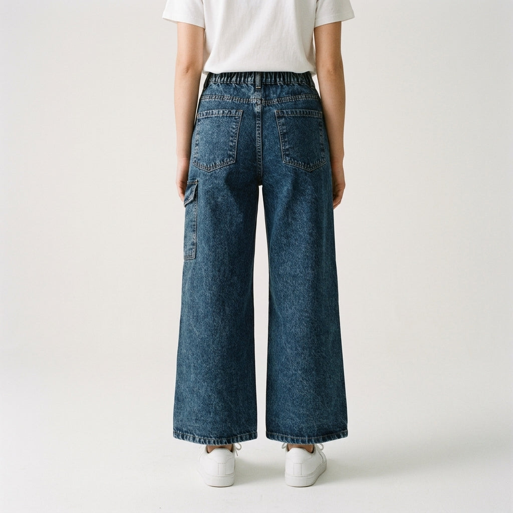 Women Wide Leg Jeans 23099 in Dark Blue, back view