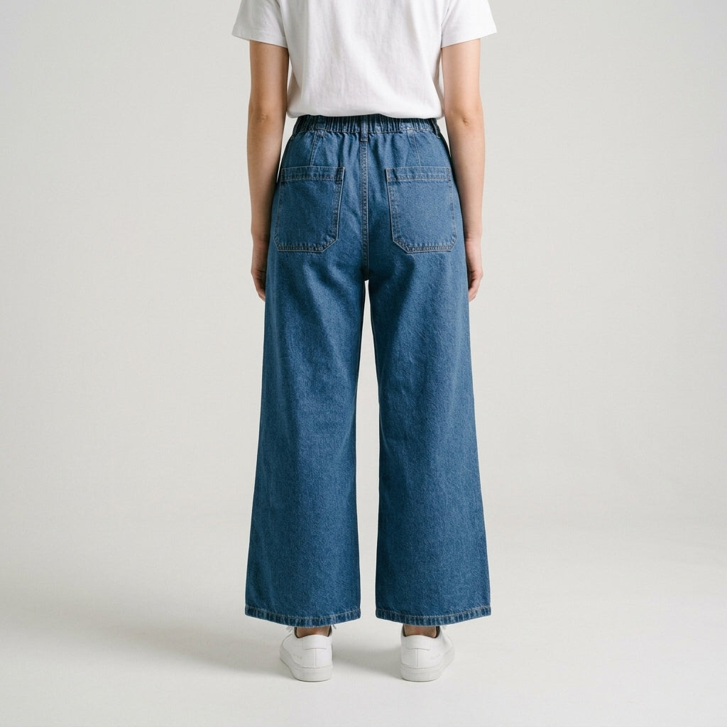 Women Wide Leg Jeans 23107 in Dark Blue, back view