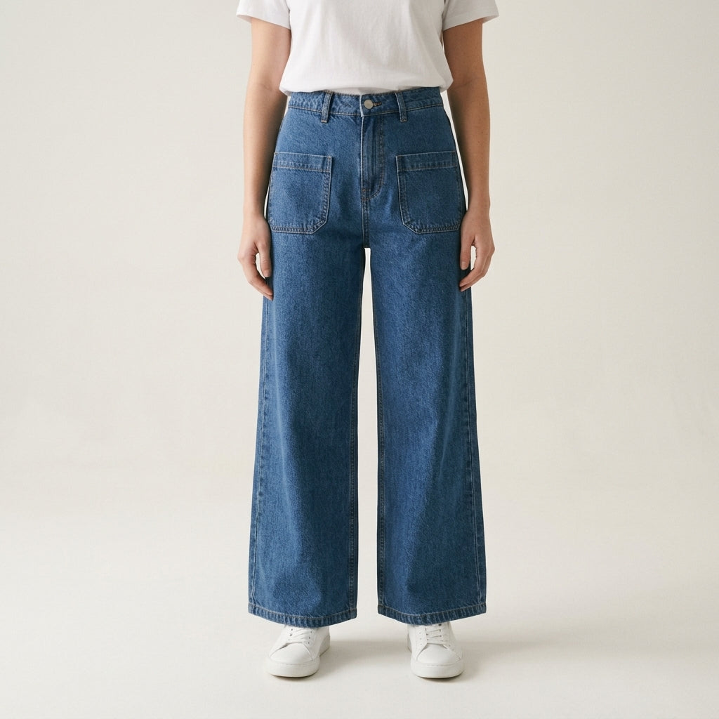 Women Wide Leg Jeans 23107 in Dark Blue, front view