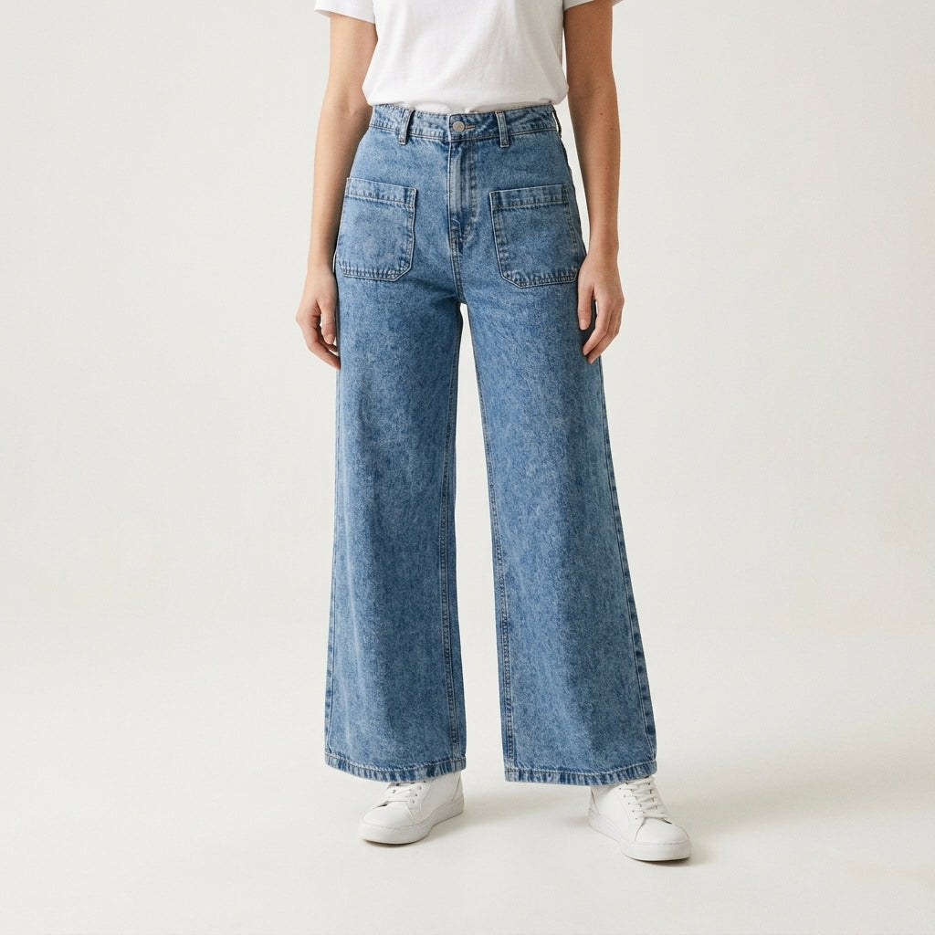 Women Wide Leg Jeans 23107 in Medium Blue, front view