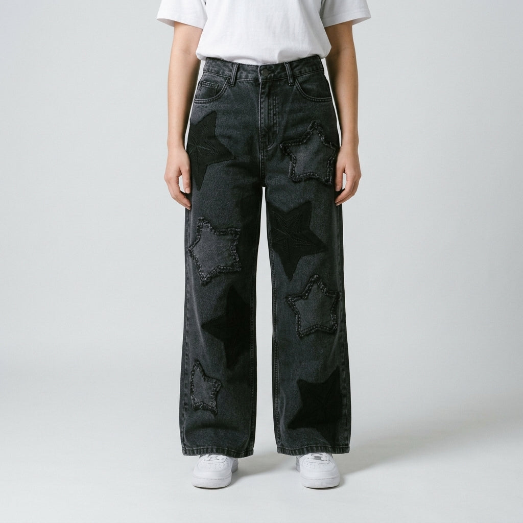 Women Wide Leg Jeans 23108 in Black, front view