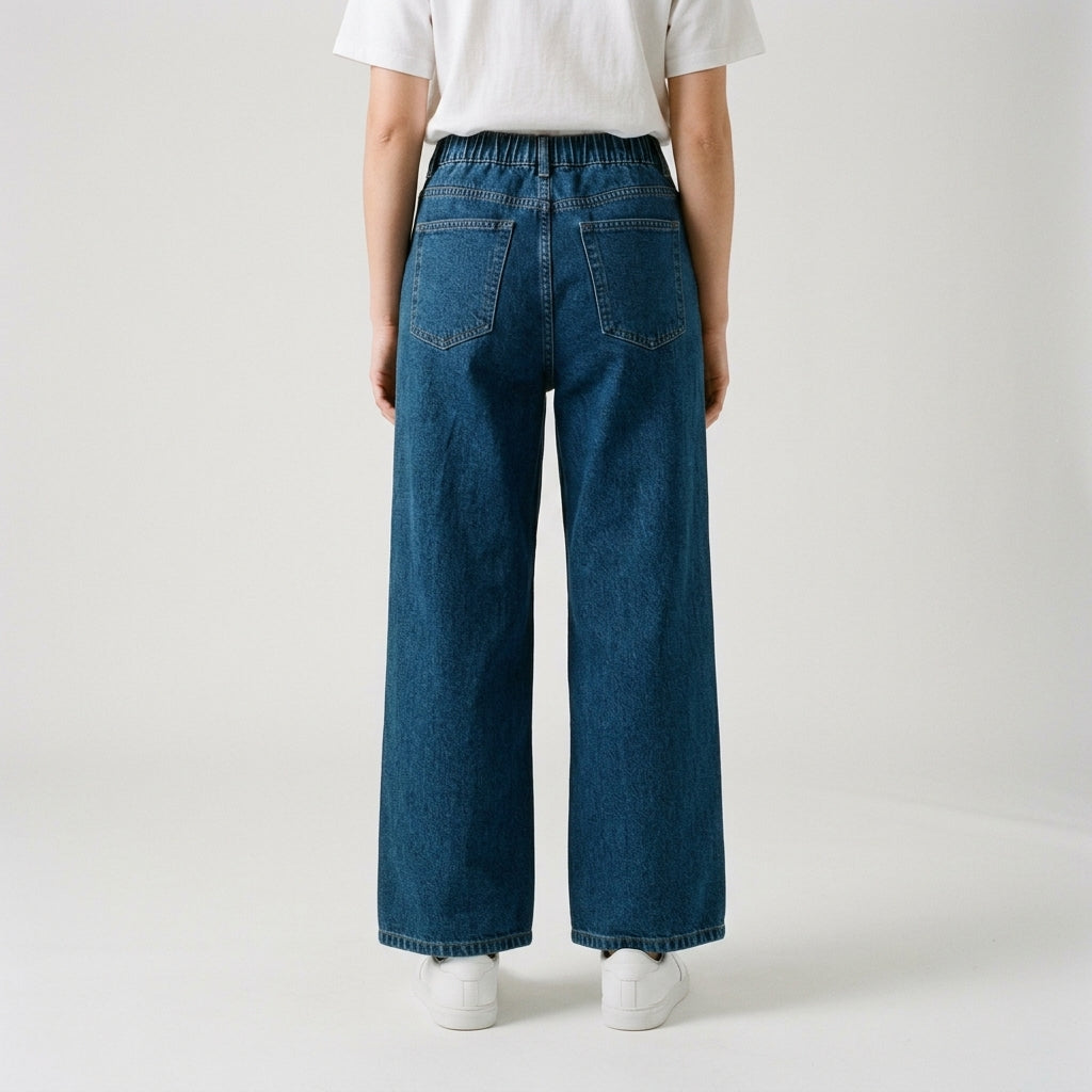 Women Wide Leg Jeans 23108 in Dark Blue, back view