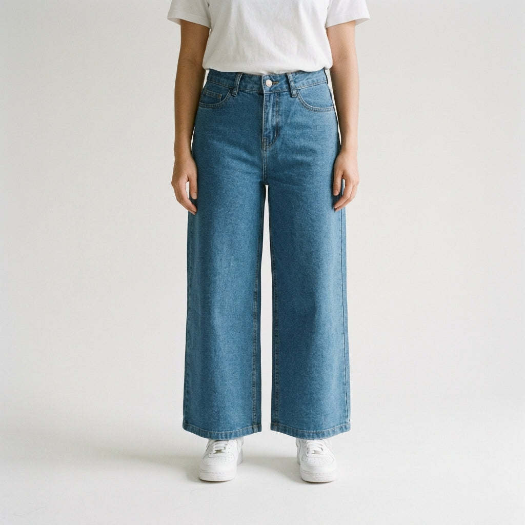 Women Wide Leg Jeans 23074 in Medium Blue, front view