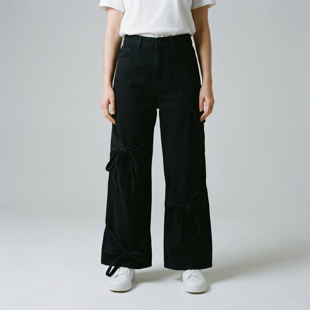 Women Wide Leg Jeans 23099 in Black, front view