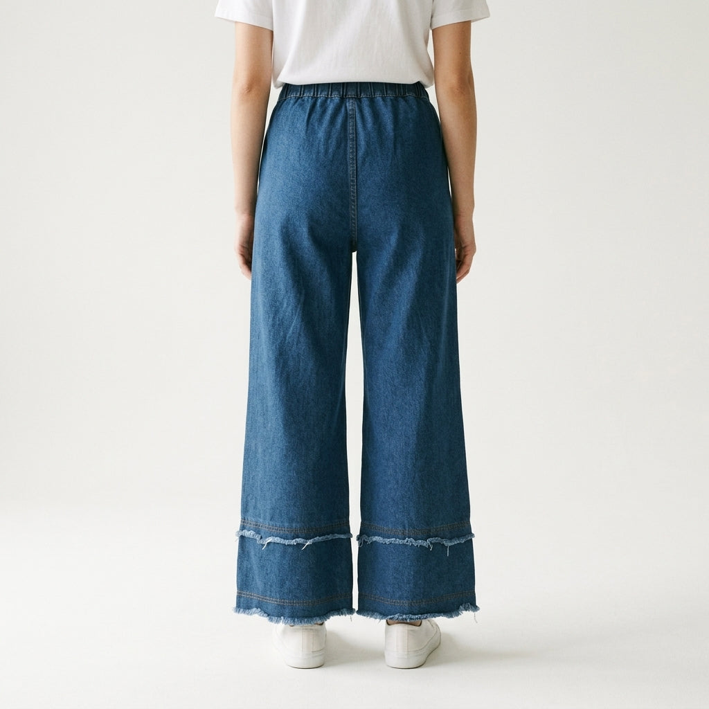 Women Wide Leg Jeans 23103 in Dark Blue, back view