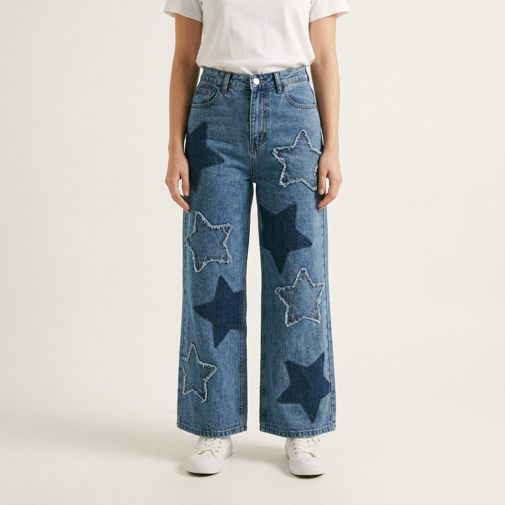 Women Wide Leg Jeans 23108 in Medium Blue, front view