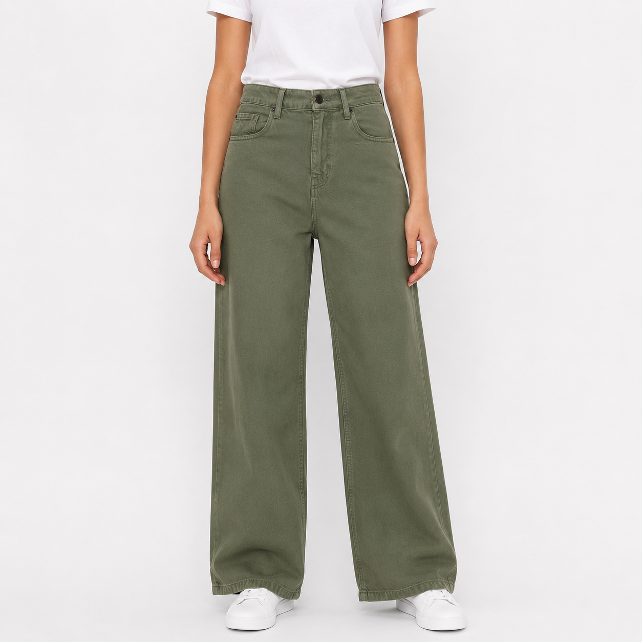 Women High-Waisted Wide Leg Jeans - Olive Green
